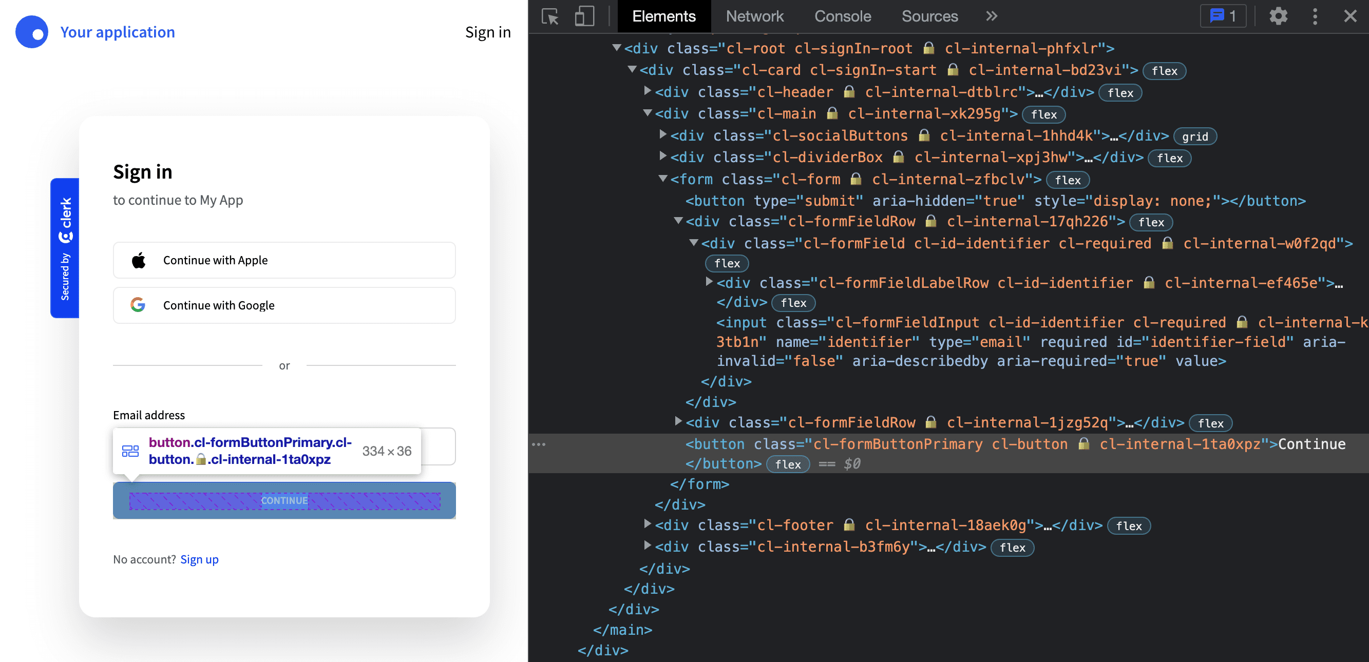 The inspect element tab opened with an element selected. It shows a list of classes and a lock icon in between human-readable classnames and randomly generated ones